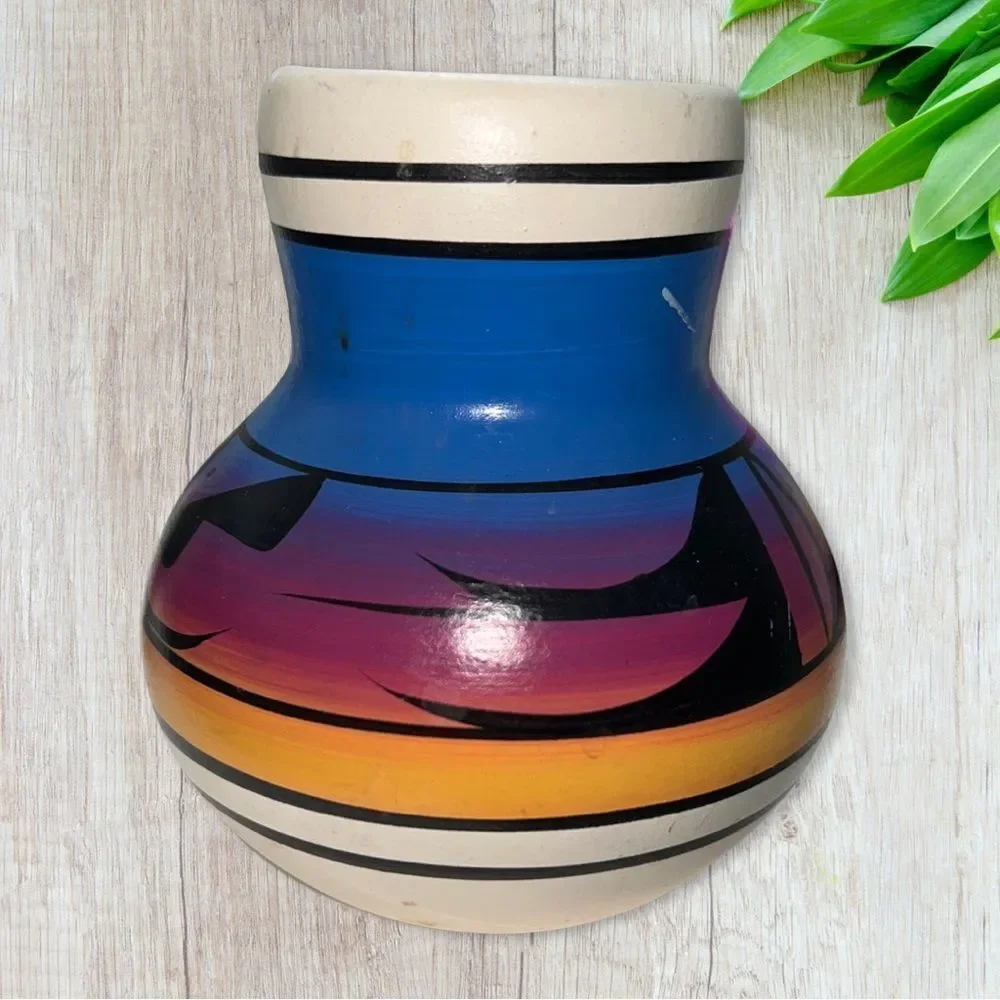 Vintage Signed Indian Colorful Rainbow Sunset Clay Art Jar